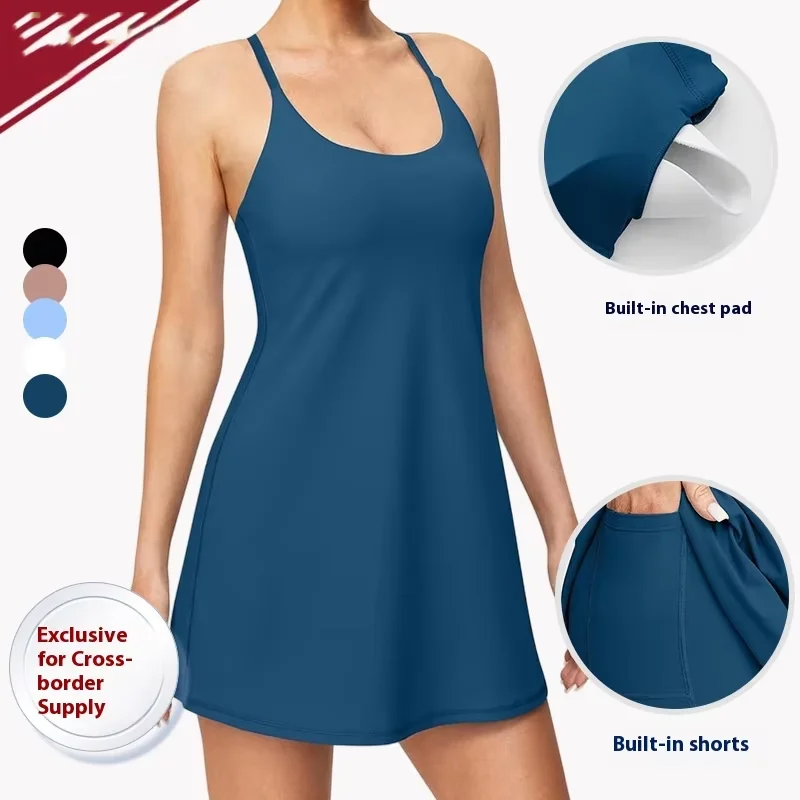 Summer Casual Fitness Running Apparel Anti-Exposure Sports Dress Backless Chest Pad Quic