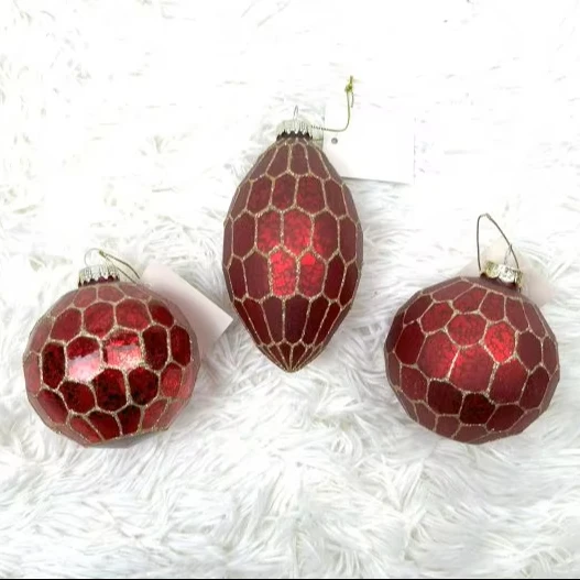 Glass Ball & Doule Pointed Ornaments Decorative Hanging Christmas Bauble Mercury Color Red with Glitter Christmas Glass Balls