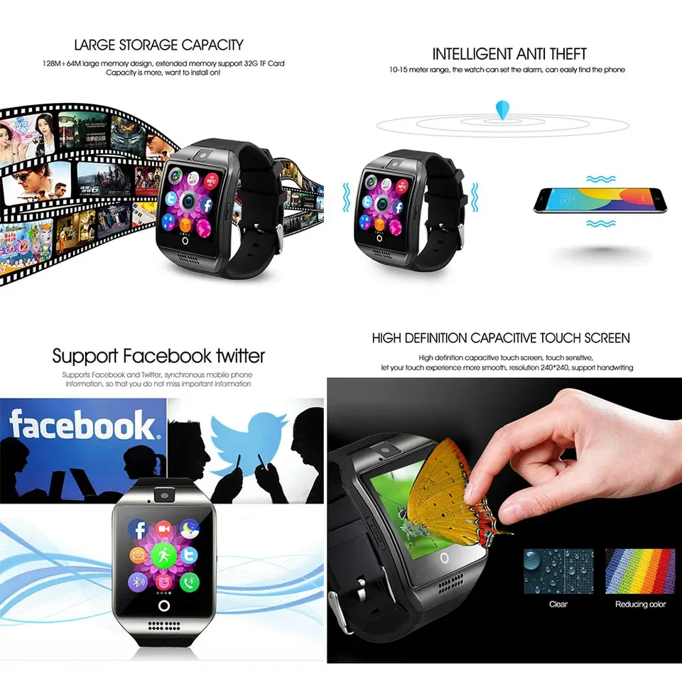 Q18 Smart Watch With Camera SIM TF Card Slot Fitness Activity Tracker Sport Watch for Android Ios Smartwatch Reloj Inteligente