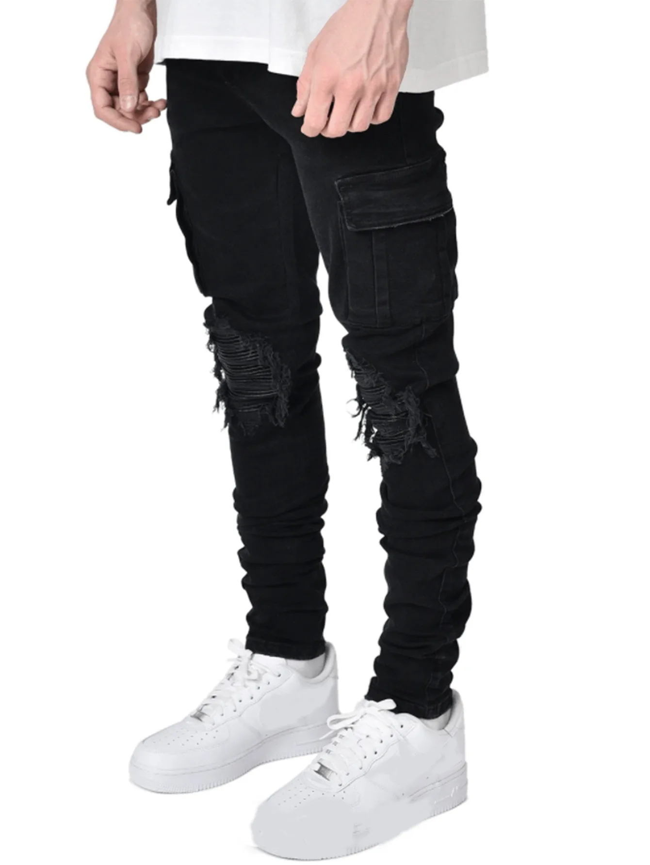 Men's Casual Jeans Black Pant Scratch Ripped Fashion