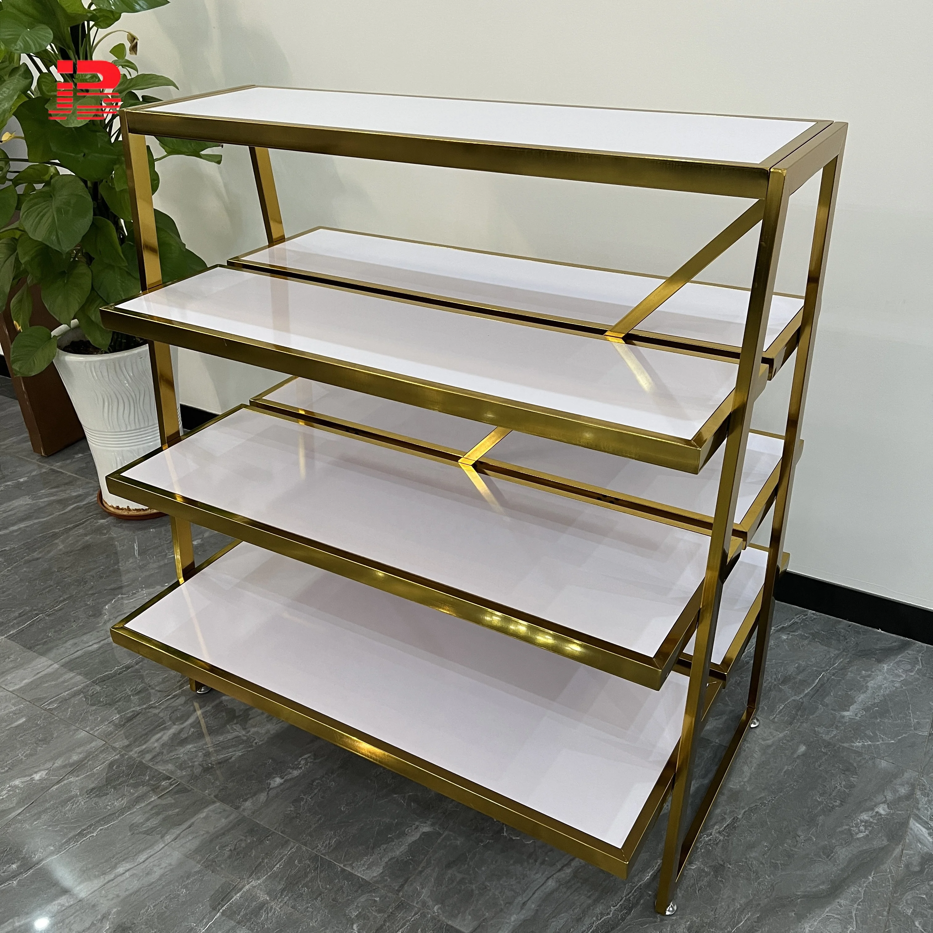 Gold metal multi-layer wooden center island display stand