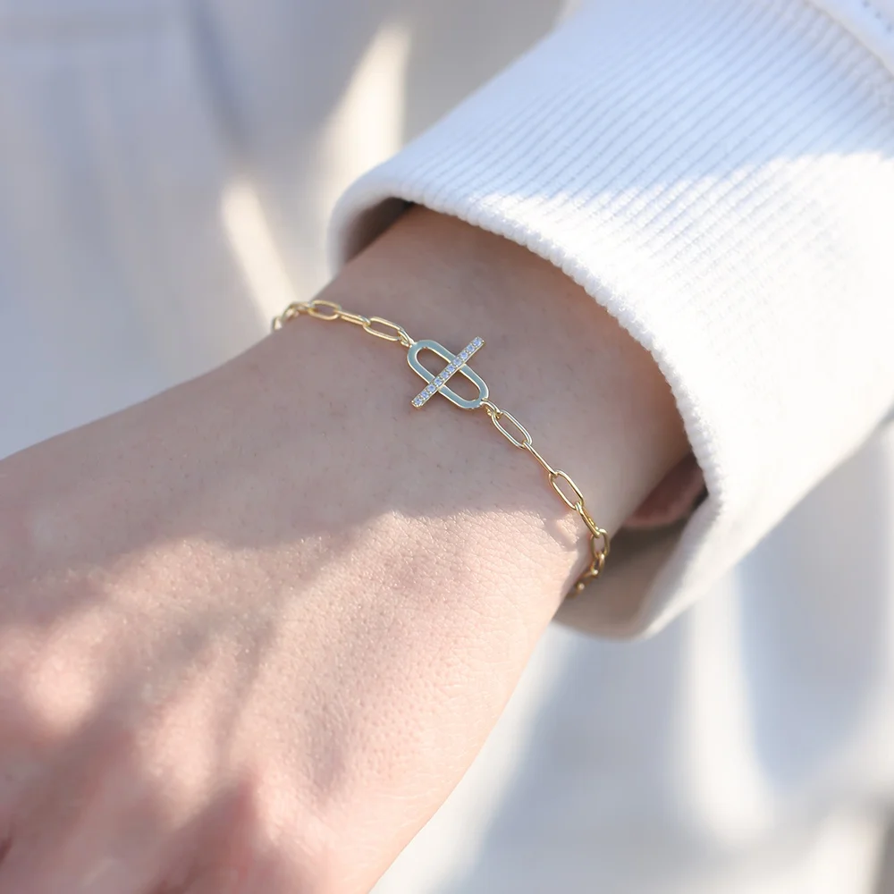Best Selling 925 Sterling Silver Hypoallergenic Jewelry 3a White Cz Paper Clip Chain Korean Bracelet