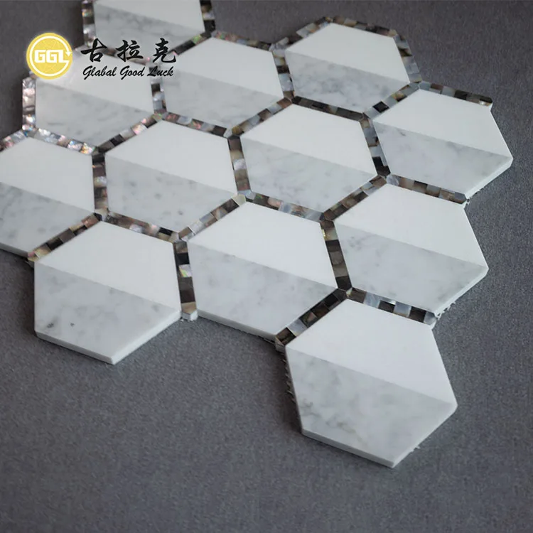 Hexagon Shape Thassos White Marble Mix Shell Waterjet Mosaic Tiles