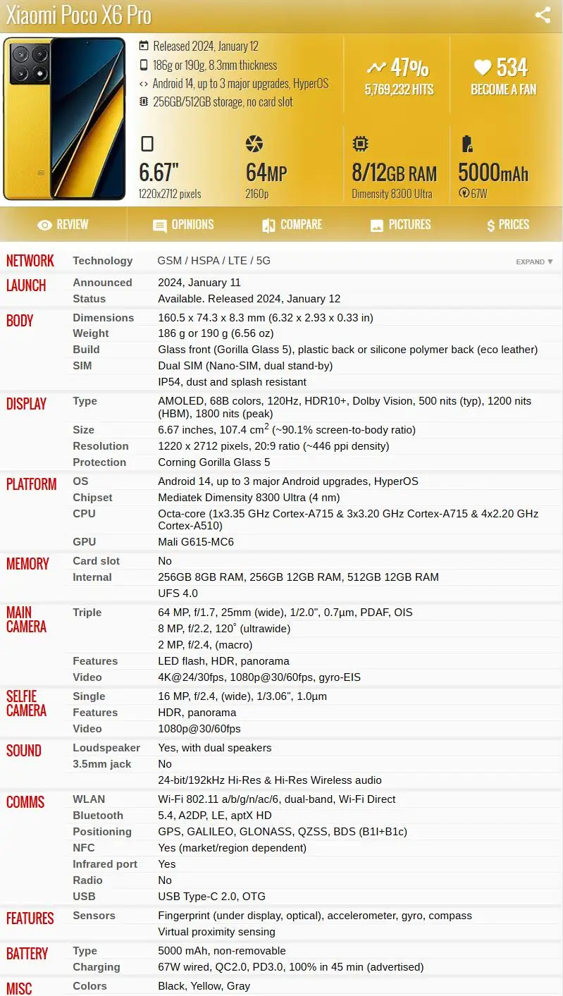 PO CO X6 Pro Global Version Dimensity 8300 Ultra 6.67" 1.5K Flow AMOLED Display 64MP NFC 67W Turbo Charging Smartphone 5G