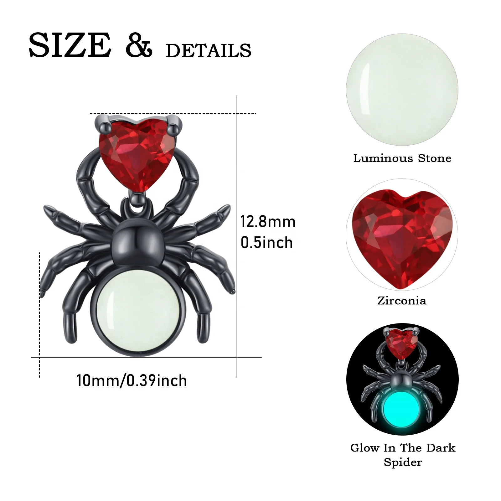 Halloween Jewelry 925 Sterling Silver Red Zircon Glowing in the Dark Luminous Spider Stud Earrings