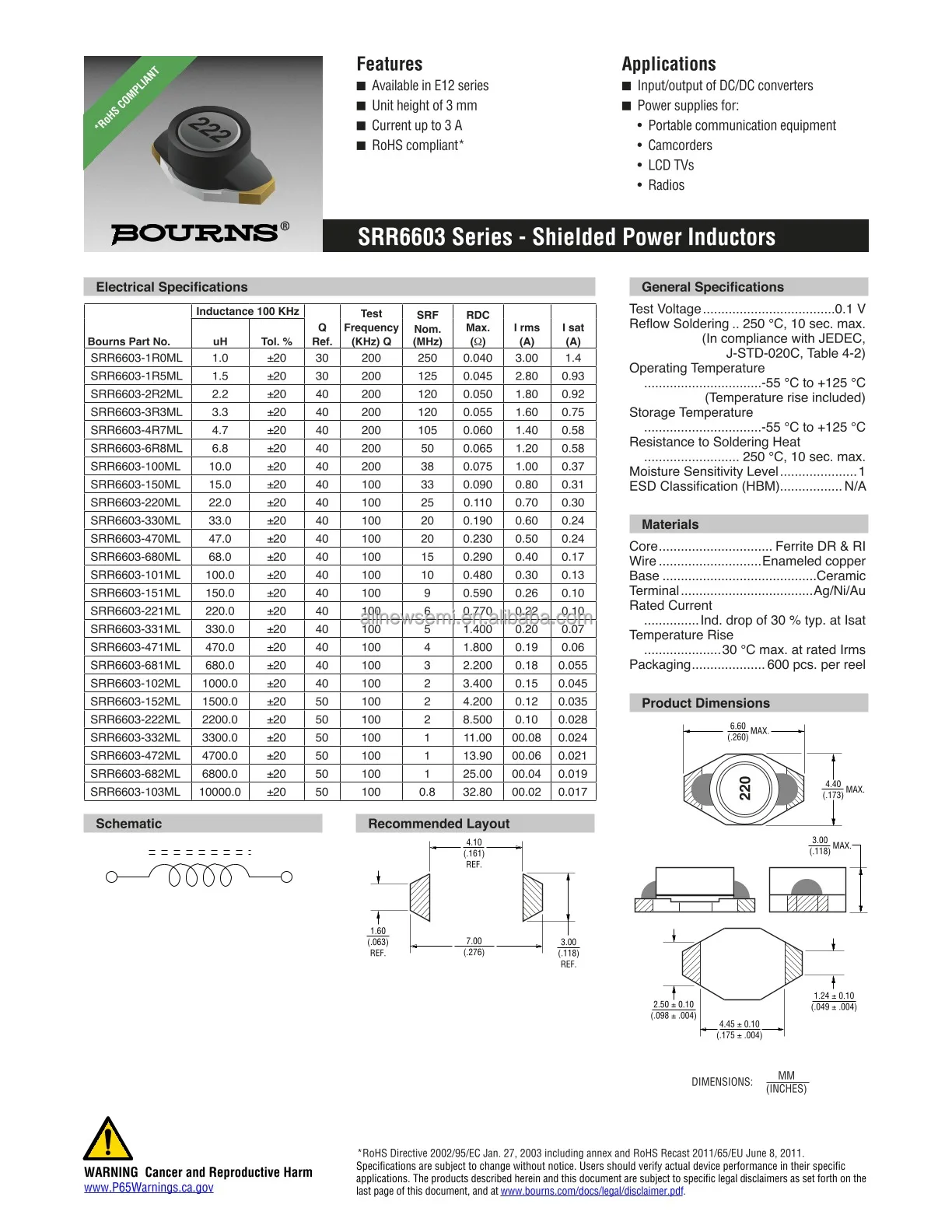 Hot sale Original SRR6603-222ML Fixed Inductors FIXED 2.2MH 100MA 8.5 OHM SMD Shielded Drum Wirewound Inductor Max Nonstandard