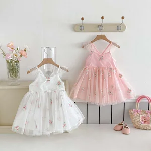 Cotton Embroidery Flying Sleeve Floral Lace Birthday Dresses for Baby Girls A-Line Knee-Length for Wedding
