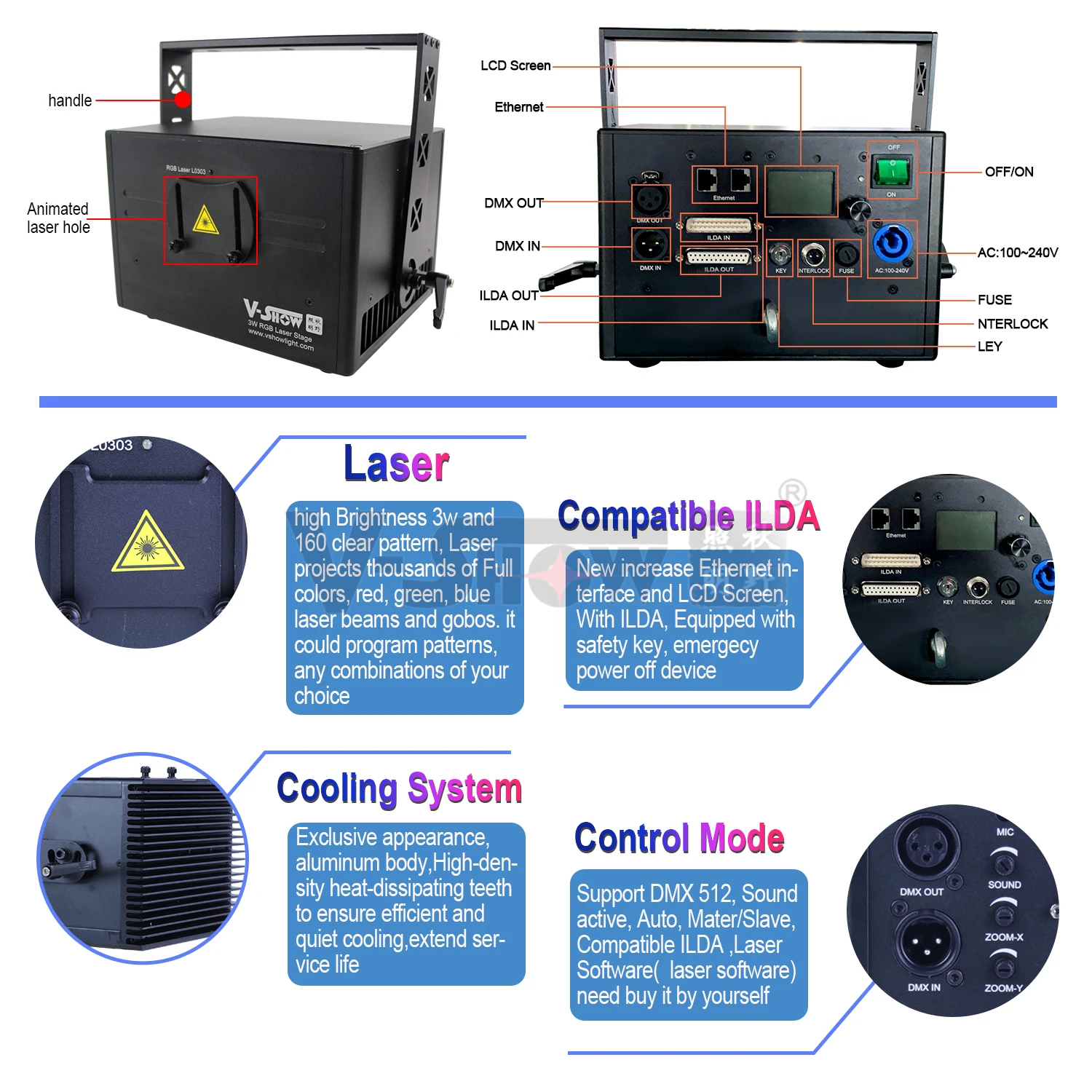 VSHOW 3w RGB Laser Light Animation Laser Projector Disco Stage Lighting Laser Show