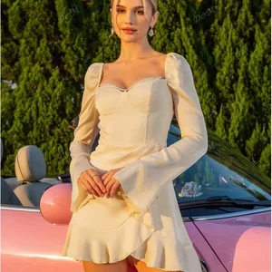 D&M Clothing Manufacturers Soft and Casual Women Clothes Sexy Party Women's Satin Dress square Neck Long Sleeved Prom Dresses