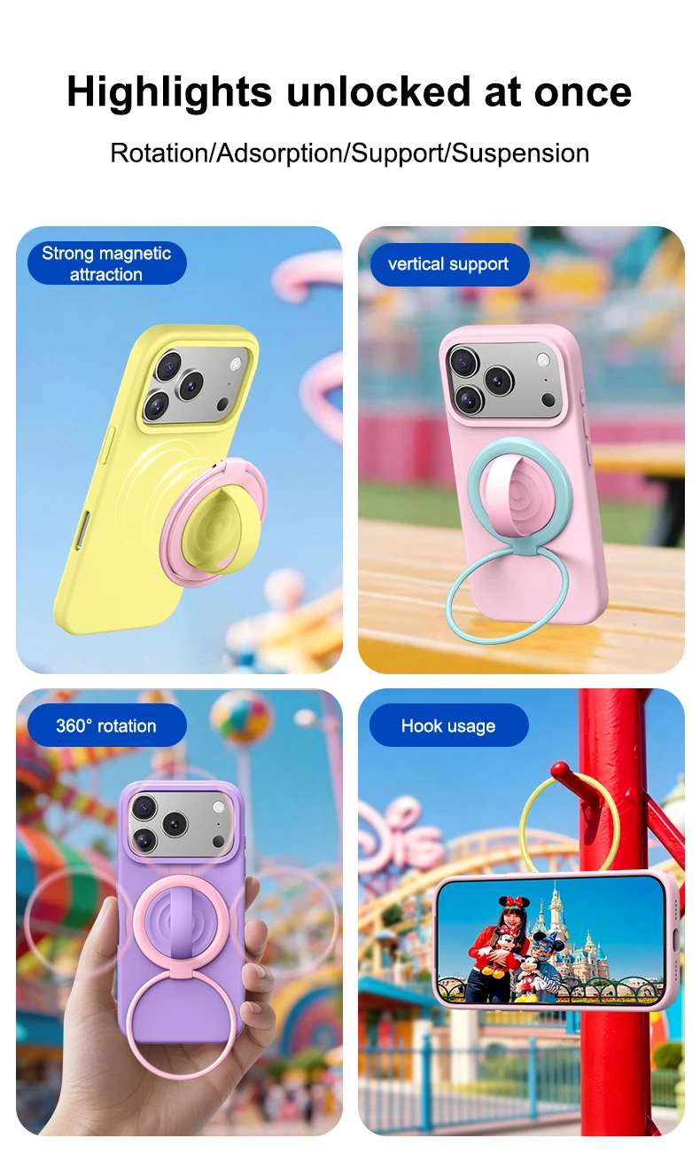 Double Ring Magnetic Phone Holder Silicone Grip Stand with Foldable Kickstand for Hands Free Viewing Smartphone