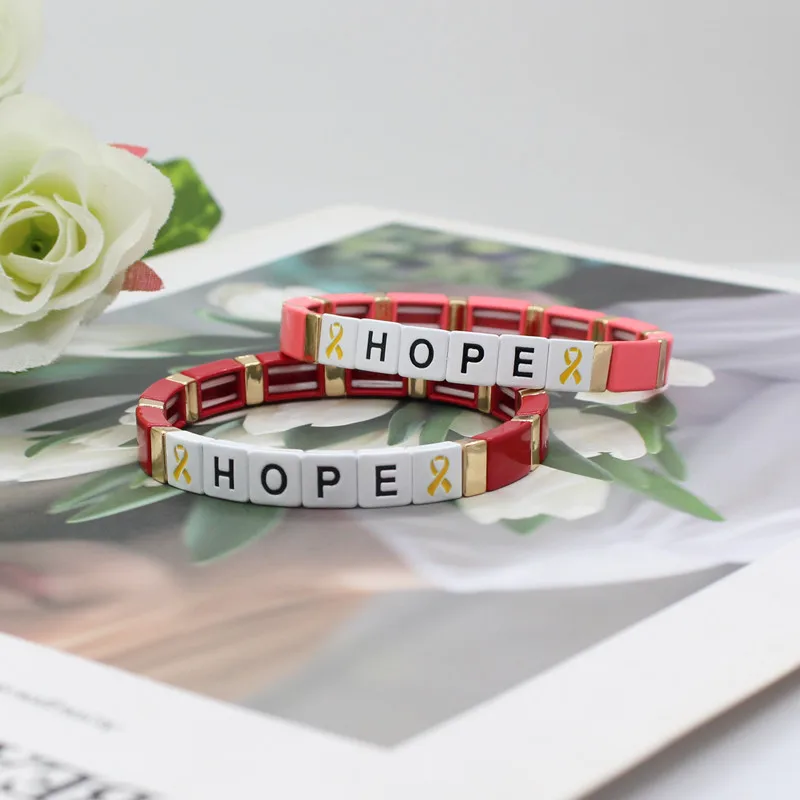 Bohemian Colorful Enamel Alloy Tile Bracelets Elastic Yellow Ribbon HOPE  Letters Beads Bracelets for Women