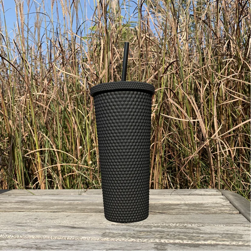 Mazoho 24oz Reusable Black Plastic Tumbler Mug Double Wall Bulk Studded