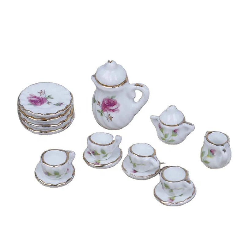 15Pcs 1:12 Miniature Porcelain Tea Cup Set Flower Tableware Kitchen  Dollhouse Furniture Toys For Children Tea Cups Dollhouse