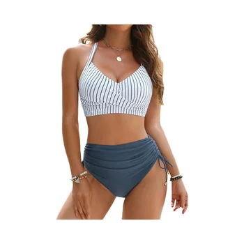 Guangzhou Auyan Custom Wholesale Women's High Quality One Piece Stripe Bikini Backless Triangle Swimwear with Jewelry Decoration