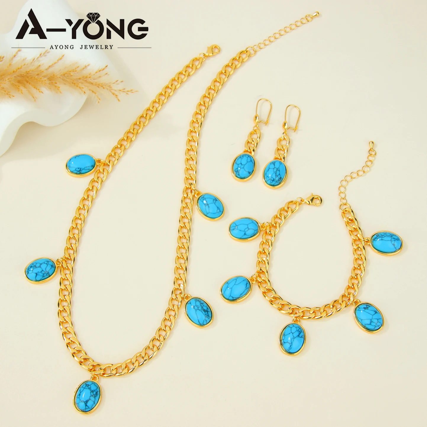 Fashion Style Charm Jewelry Set Blue 18k Gold Plated Jewelry Sets With Turquoise Stones