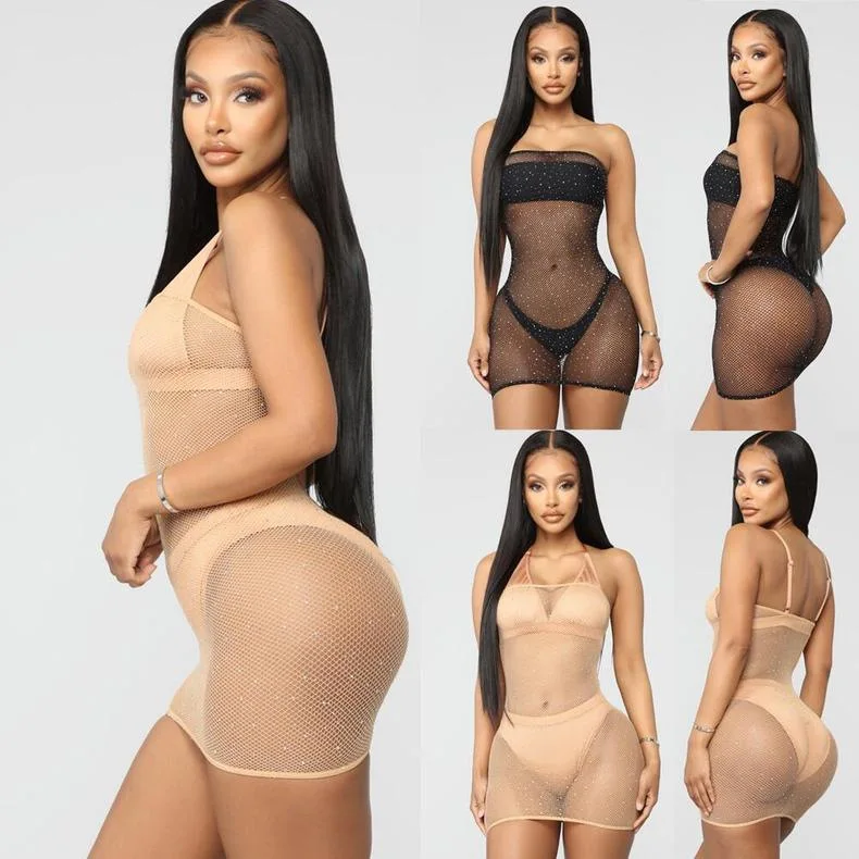 The New Wrapped Breast Rhinestone Jumpsuit Girls Sexy Appeal Underwear 4 Colors Hollow Hot Drilling Shiny Lingerie Women