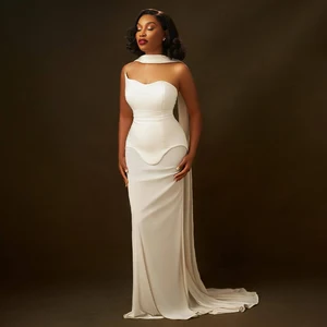 ZYHT 70070 Factory Wholesale Lady Women Cape Strap Formal Floor Length Mermaid White Black Wedding Engaged Dress