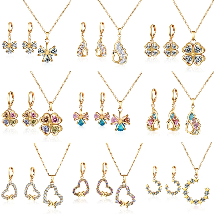 Colorful dubai cheap bridal 18k gold plated zircon necklace and earrings jewelry set