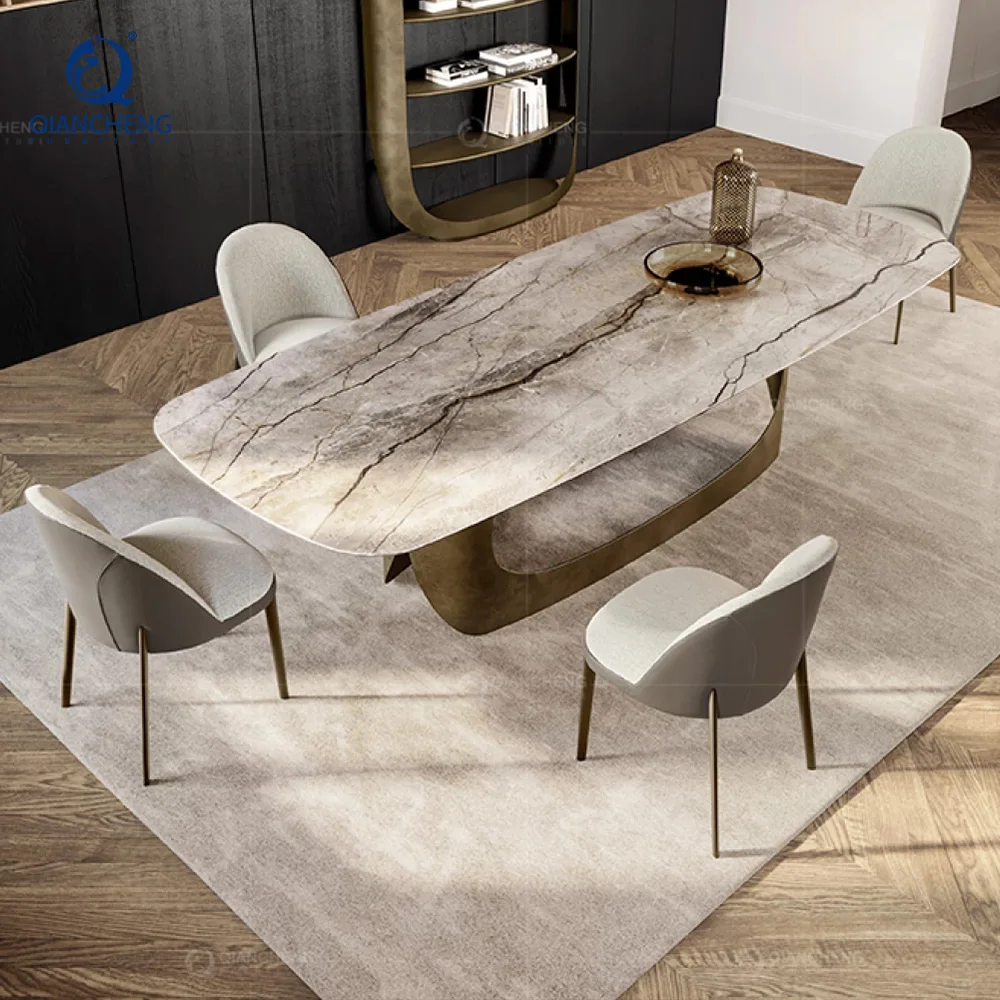 Qiancheng Marble Telescopic Folding and Extendable Stainless Steel Dining Table Set 6 Seater With 4 Chair Made in Foshan China