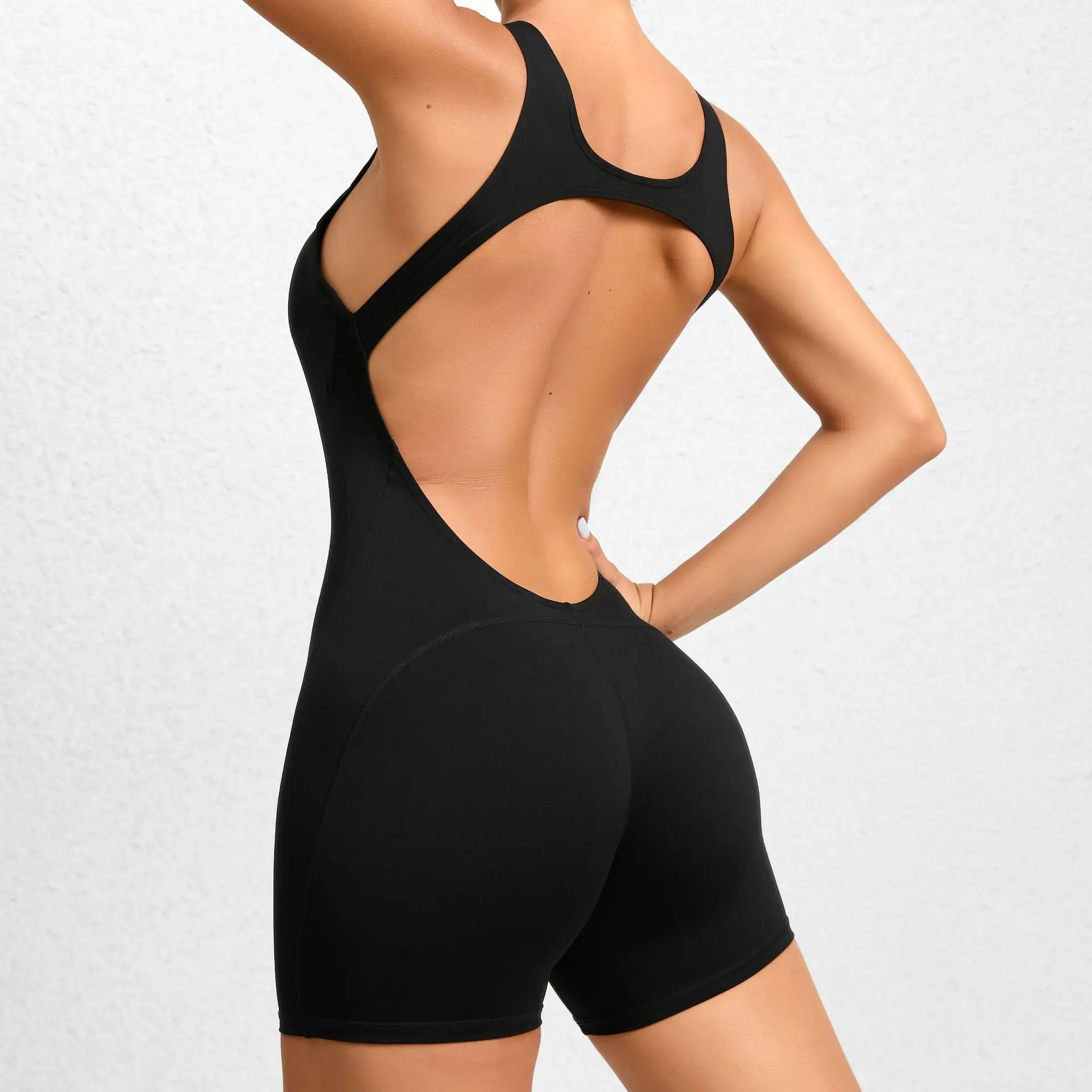 Sexy Women Sportswear Workout Tummy Control Yoga Fitness Wear Sexy Bodysuit Hollow Back One Piece Short Biker Yoga Jumpsuit factory