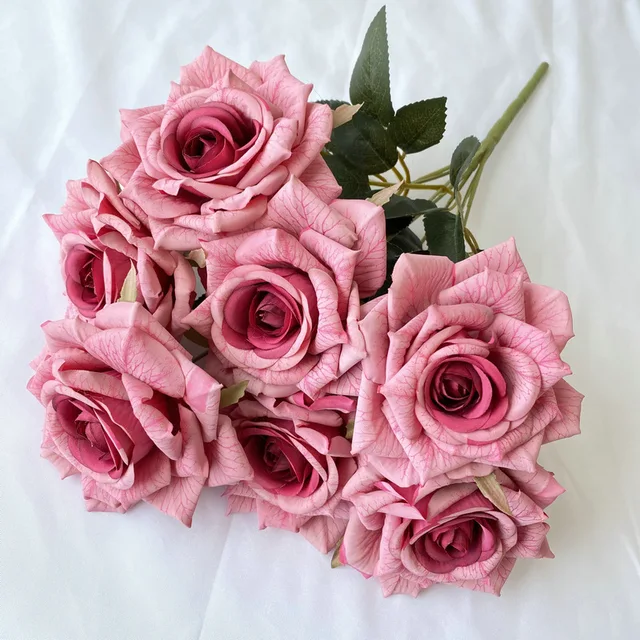 Premium 7 Head Pink Rose Bunch Faux Artificial Rose Bouquet Silk Rose Flower Bouquet For Wedding Decorations