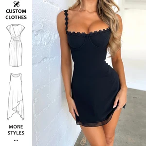 Sexy Outfits For Woman New Embroidery Daisy Decoration Spaghetti Strap Slim Low-Cut Black Mini Dress