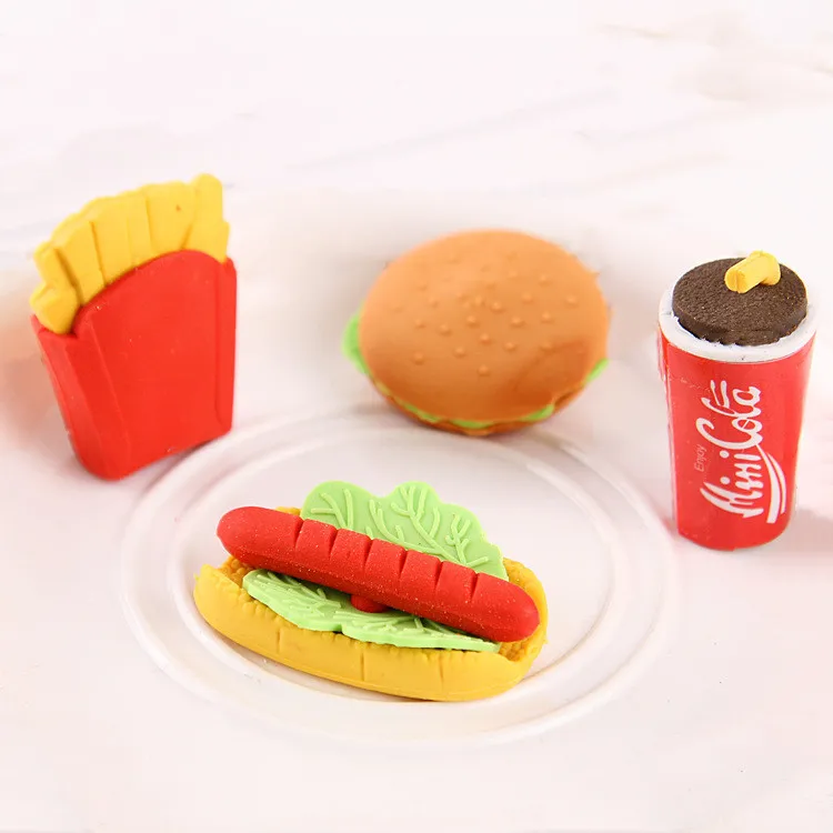 Custom 3D Fast Food Shaped 5*4.5cm TPR/PVC Eraser Set Rubber Pencil Eraser 1pcs/opp HT-10069 Promotional Gift for Fast Food