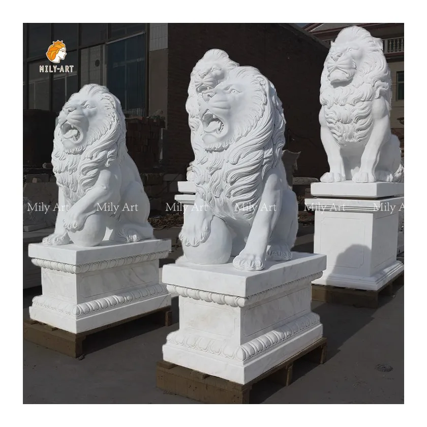 Life Size Decoration High Quality Stone Sculpture White Sitting Marble Lion Statue for Garden