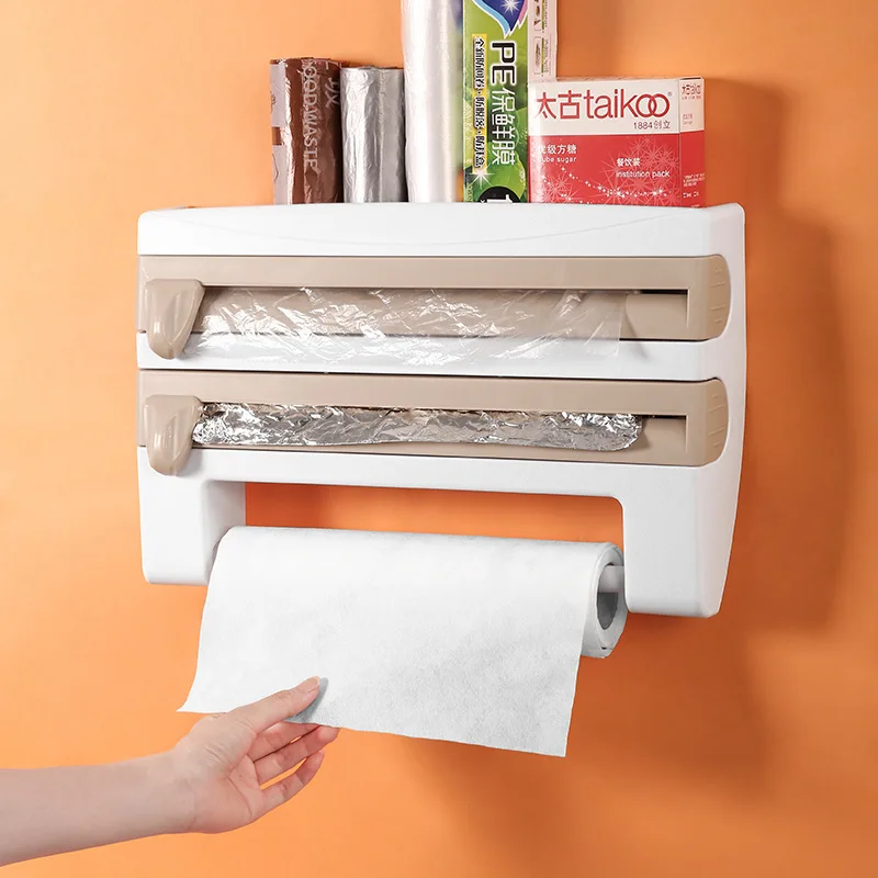 Paper Towel Foil Kitchen Wrap Dispenser Wall Mounted 4 in 1 Cling Film Roll Holder Cutter With Spice Storage Rack