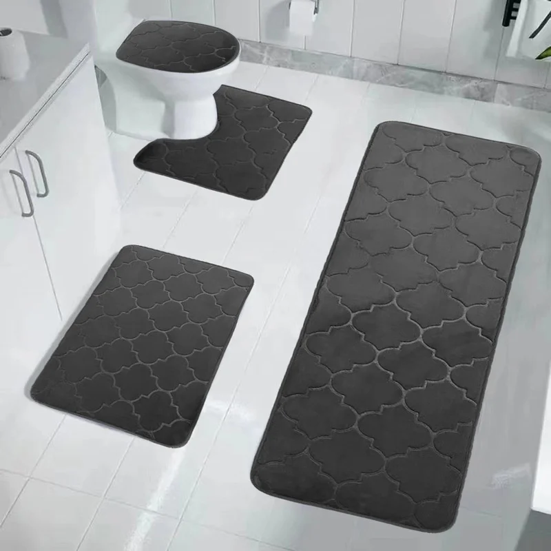 Classic Style 4-Piece Chenille Carpet Bath Rug Set Quick-Drying Polyester Non-Slip PVC Bottom Solid Toilet Mat Bathroom