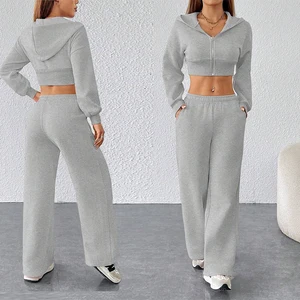 2026 Crop Top Drop Shoulder Hoodies Women Custom logo Two Piece Wide Leg Pants Set Women Sweatsuits Set