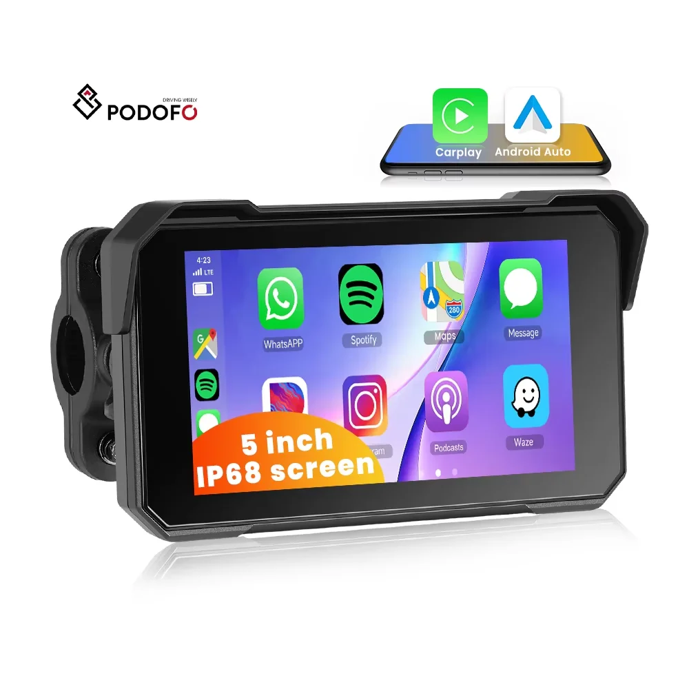 Podofo, schermo touch IPS portatile da 5 pollici per moto, con CarPlay wireless/Android Auto BT, impermeabile IP68, modello A4058