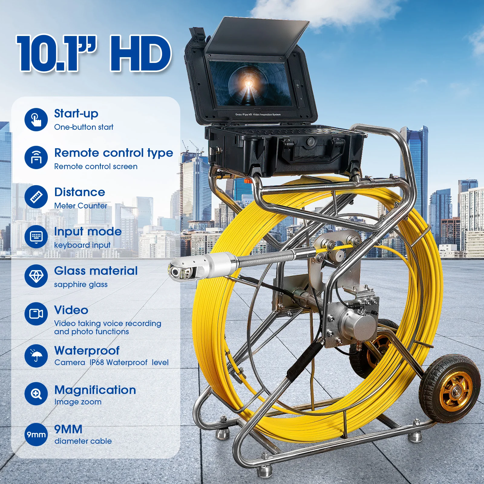 Sewer Camera Factory 10.1inch 1080P HD Screen with 360° Rotation Len Pipe Drain Video Inspection Camera with Meter Counter Waterproof 10- 200m Optional