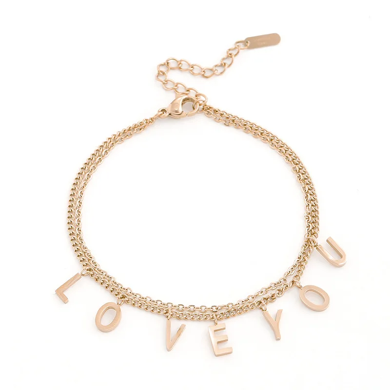 Latest Model 18k Rose Gold Plated Double Stainless Steel Chain Love Charm Design Hotwife Anklet Bracelets