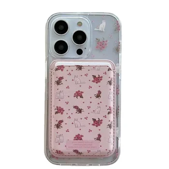 ins Pink Flower Puppy Magnetic Card Holder Protective Shockproof Mobile Phone Accessories Cover Case For iPhone 12 13 14 15 Pro
