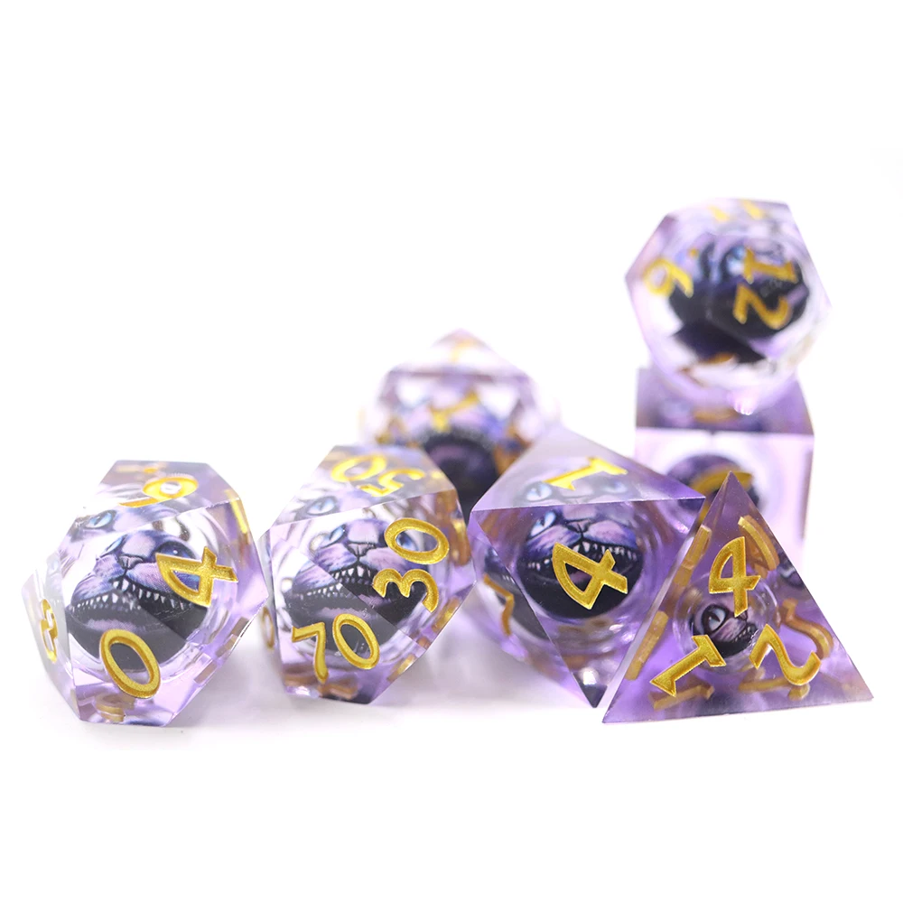 Wholesale Bulk 7Pcs Polyhedral Purple Cat Face Dice Set Transparent Resin with Gold Number D4-D20 Sharp Edge