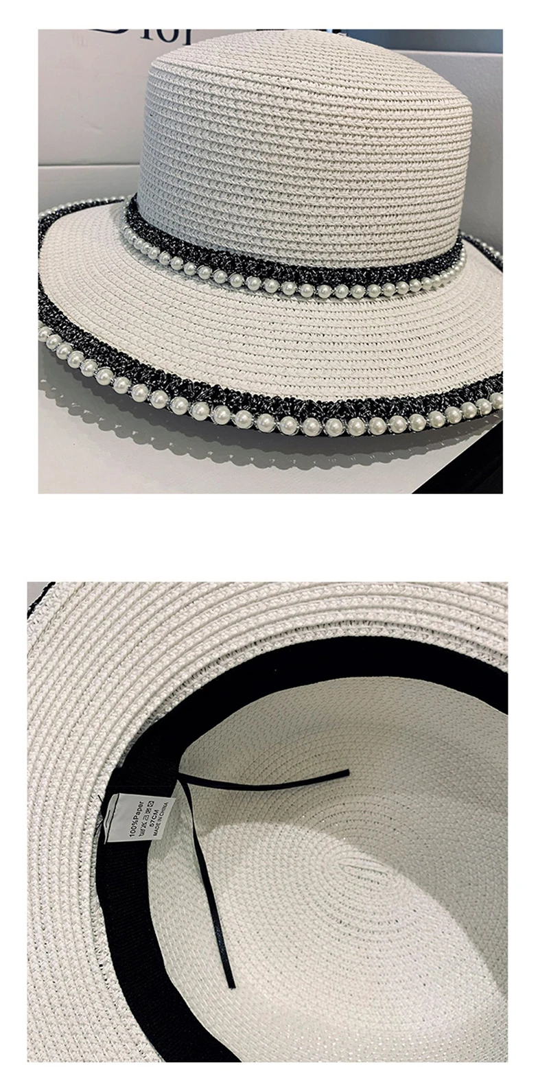 New Summer Ladies Spring Hats Flower Beads Wide Brim Jazz Panama Straw Sun Visor Beach Hat Flower Rivet Pearl Straw Hat Cap
