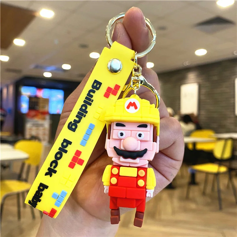 3D Cartoon Building Block Mario Keychain With Wrist Strap Wholesale Cute Car Key Chain Decorationsn Gift