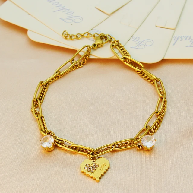 Simple Temperament Ins Inlaid Zircon Bracelet Double-Layer Gold-Plated Titanium Steel for Lover Wedding Party Children's Gift