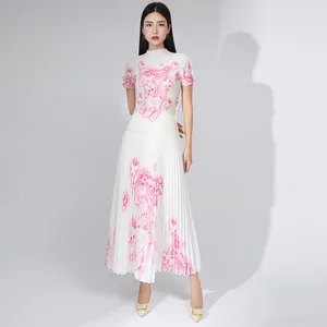 Trendy Cartoon Print Pleated Top and Long Midi Skirt 2-Piece Set - Best-Selling Women's Outfit