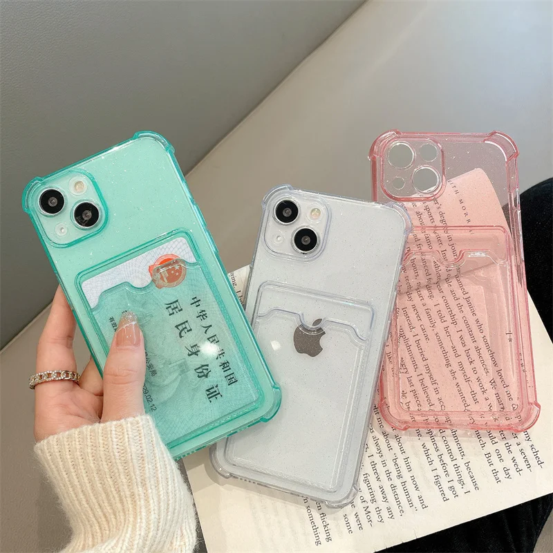 Clear Glitter Wallet Card Slot Holder Soft Case for iPhone 13 11 12 Pro Max  Mini X XS XR SE 7 8 Plus Luxury Transparent Cover
