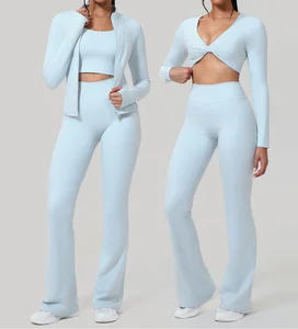 Newest Custom Logo 4 Piece Active Gym Wear Long Sleeves Leggings Set for Women Fitness Clothing Outfits Yoga Jackets Sets