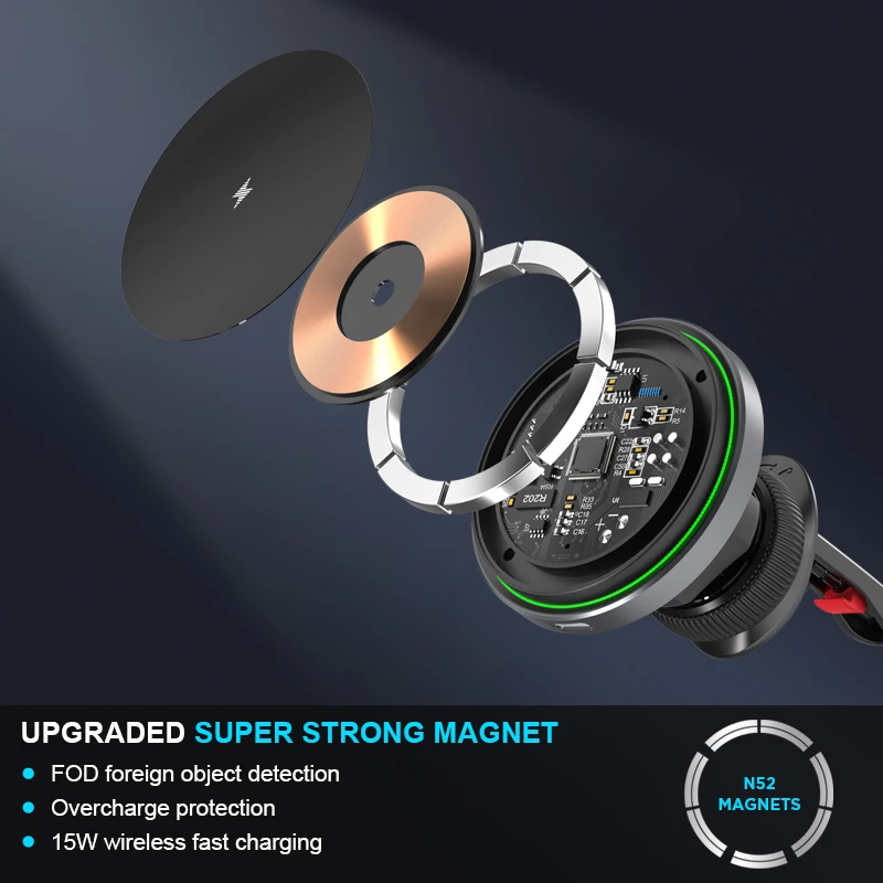 Middle Frame Circular LED Light 15w Magnetic Wireless Car Charger Aluminum Alloy New Black Mobile Phone Charging