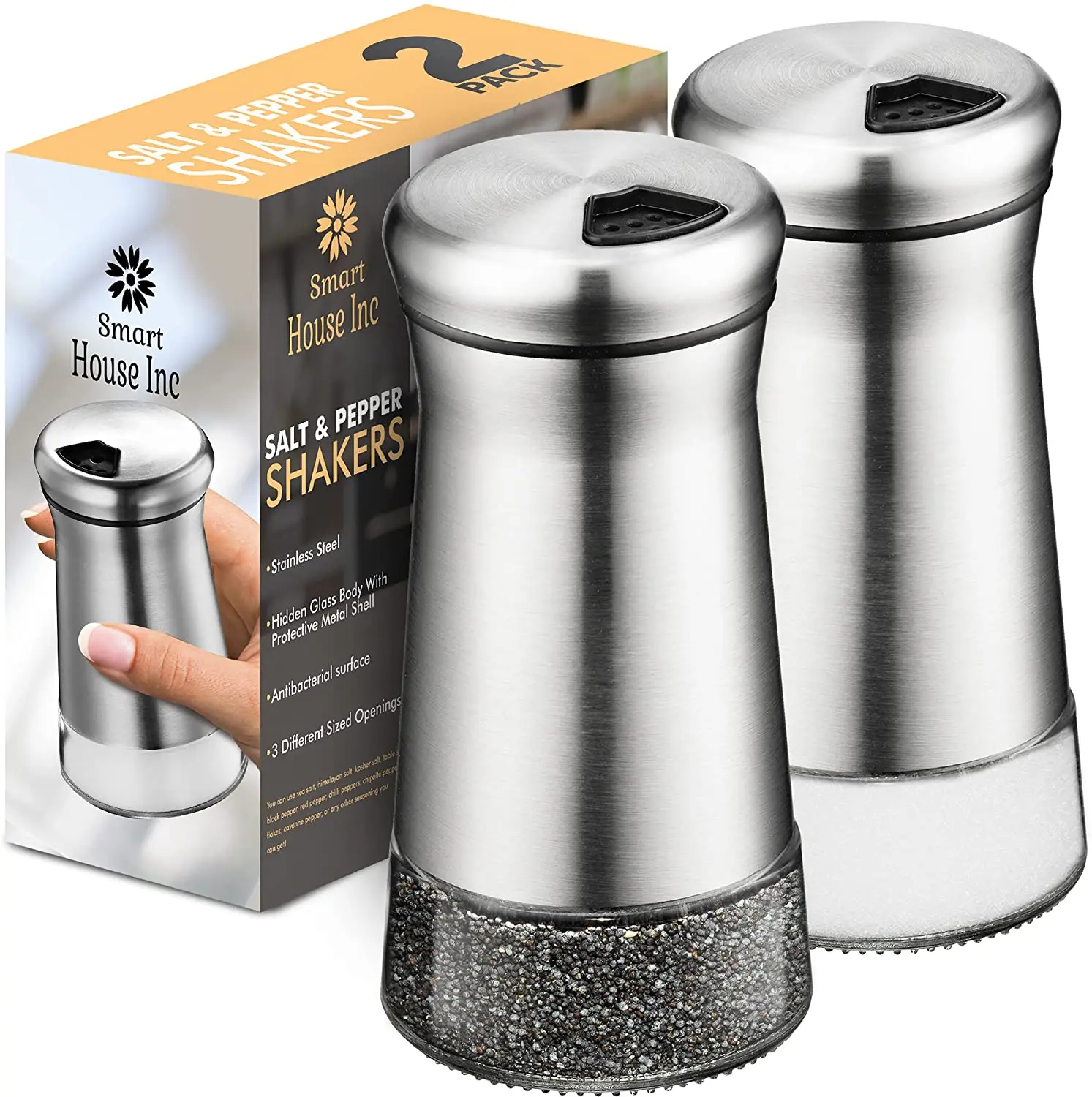 Salt and Pepper Shakers ,Spice Jars Set with Adjustable Pour Holes,  Stainless Steel,3 PCS