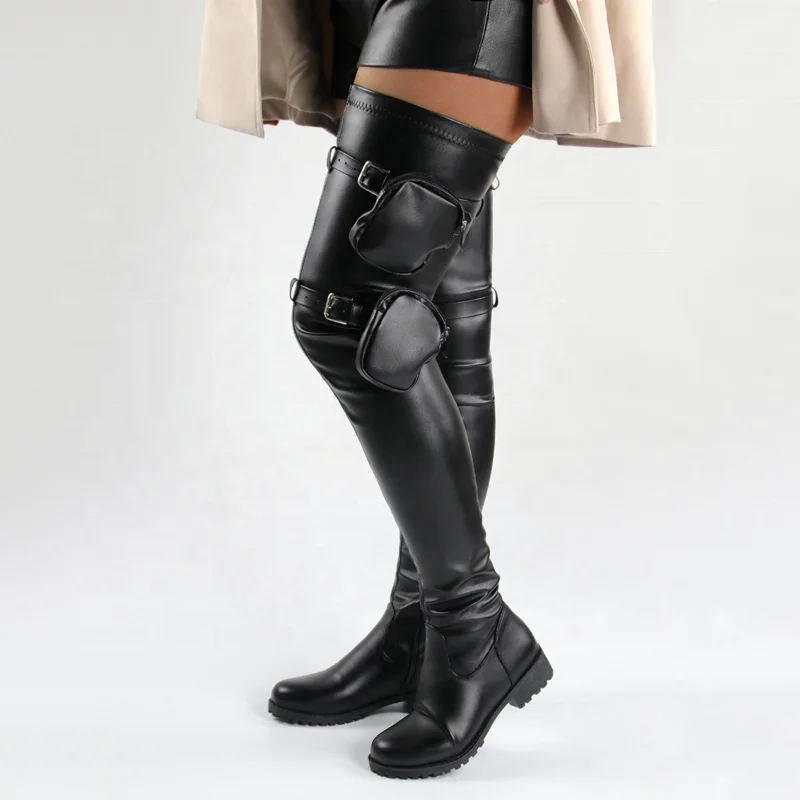 Winter Flat Over The Knee Boots Big Red Round Toe Buckle Pockets ...