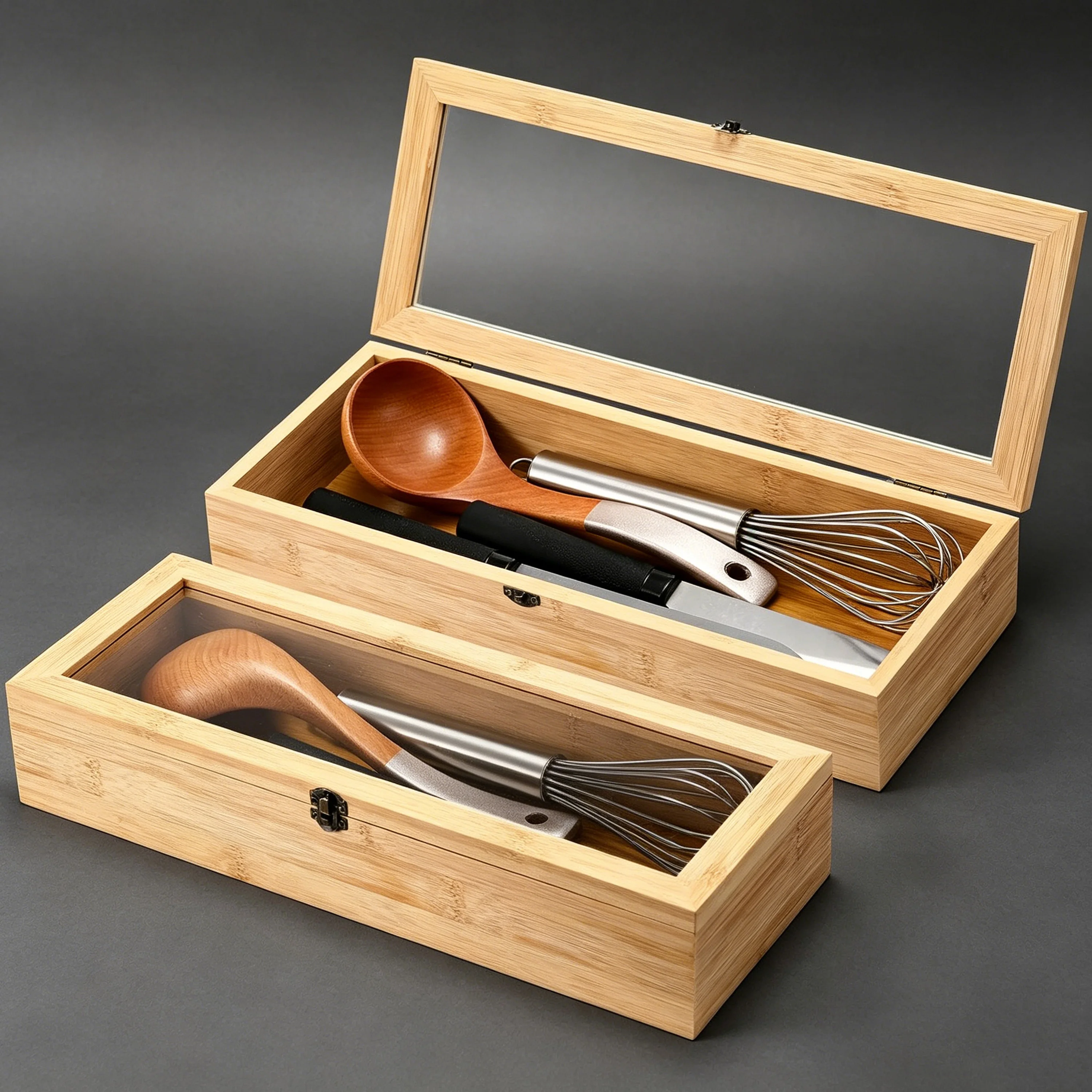 Bamboo Kitchen Utensil Custom Logo Storage Box With Clear Lid Silverware Flatware Organizer for Cutlery