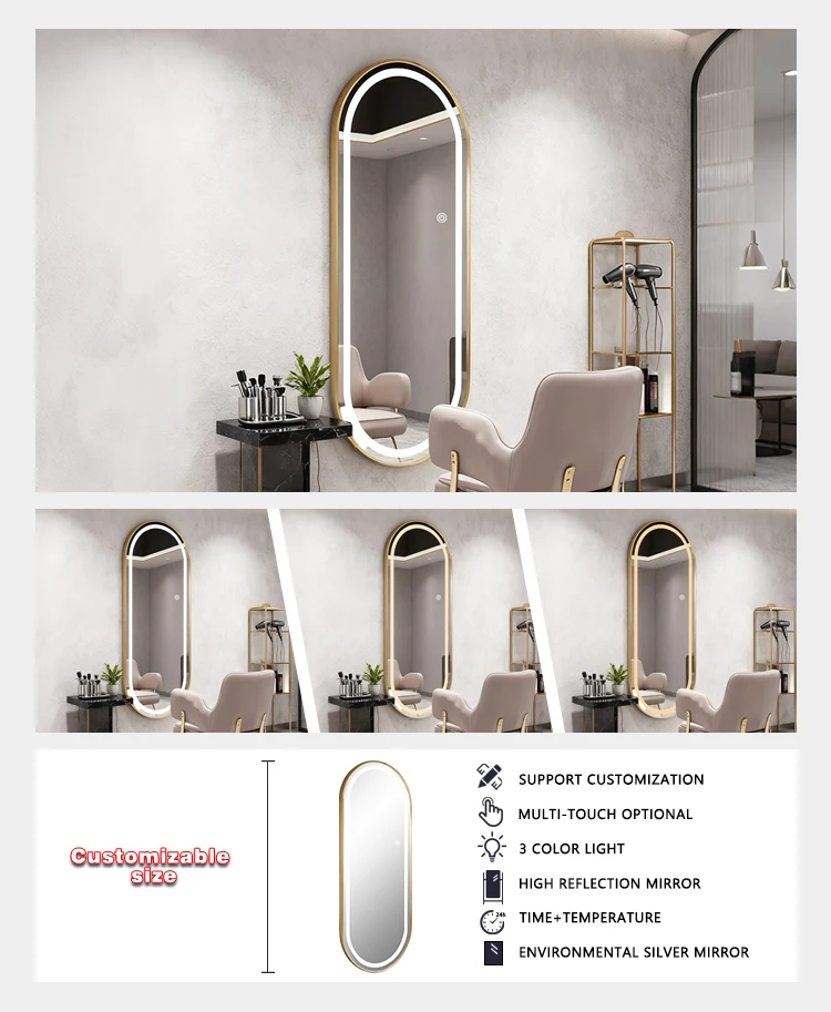 product customized hair cutting smart mirror touch switch anti fog led light copper frame wall mounted salon mirror with led light-7