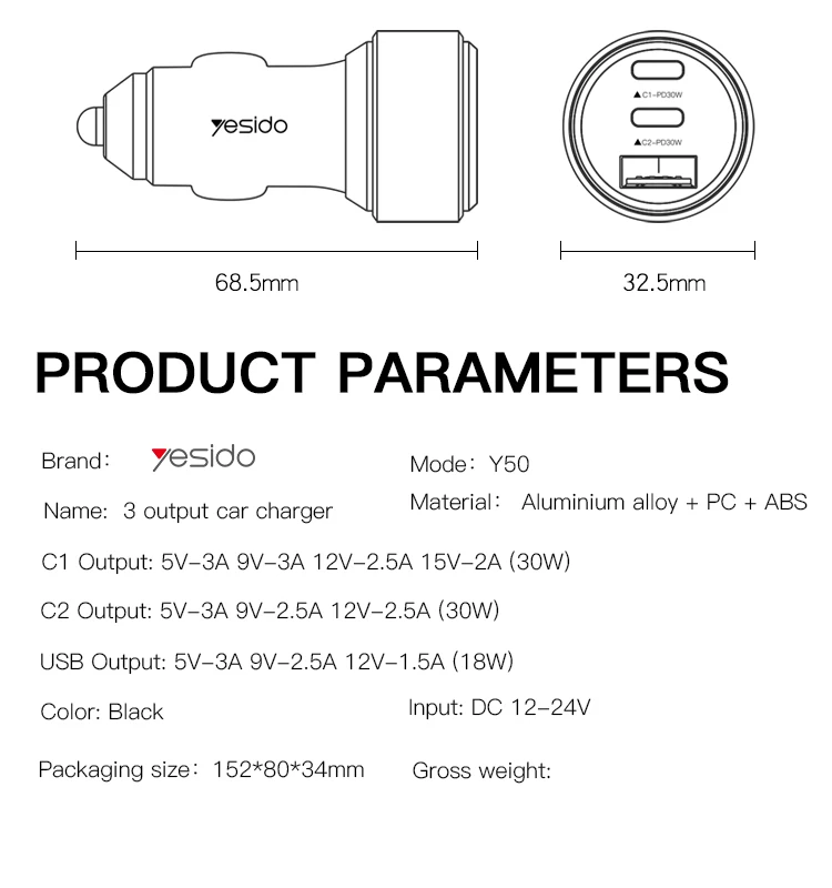 Yesido Brand-new 30W USB And 2 Type-C Three Ports Fast Chargeing LED Lamp Ring Aluminium Alloy Car Charger