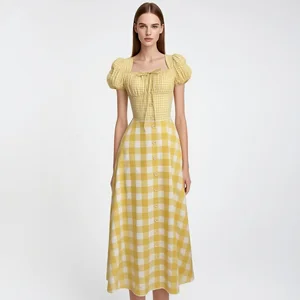 Custom Women's Square Neck Puff Sleeve Cotton Midi Dress