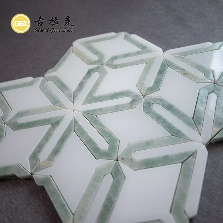 New Design Water Jet White Marble Mosaic Tile Green Stone Edge Mosaic Tile for Interior Decor